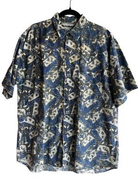 Weekends Men's Vintage Blue Paisley Camp Hawaiian Button Up Shirt Size Large